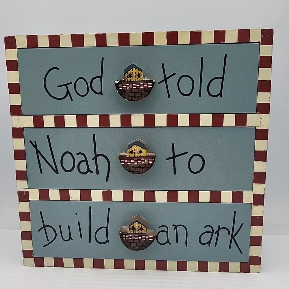 BLUE WOOD 3 DRAWER NOAHS ARK MINI CHEST NURSERY ORGANIZER DECOR